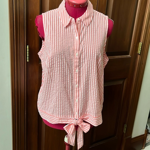 Elle Button-down sleeveless shirt striped coral/ white Ties at waist Size M - Picture 1 of 9